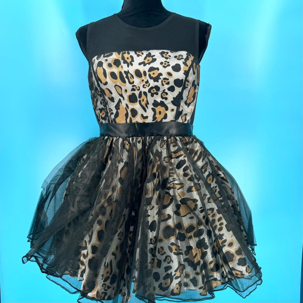 Leopard Print Tulle Short Dress With Ruffle Sz. L